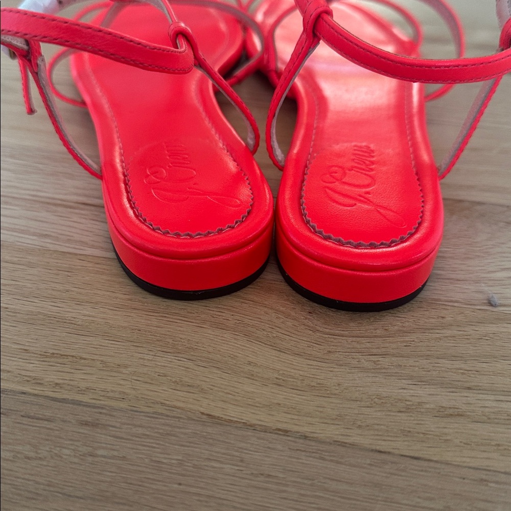 J. Crew Womens Abbie Flat T-Strap Leather Sandals Neon Poppy Size 7 NWOB Preppy - Picture 5 of 10